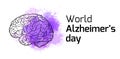 International Alzheimers Day. Horizontal card with outline human brain on purple watercolor stains. Disease and extinction. Vector Royalty Free Stock Photo