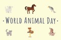 International animal day vector template. Cartoon cats, dogs, horse, parrot isolated illustrations. Celebrating pets