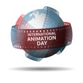 International animation day. Globe with filmstrip isolated on white background