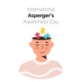 International Asperger Awareness Day Card. Smiling person face with colorful puzzle pieces in his head. Children with