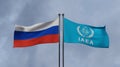 International Atomic Energy Agency IAEA and Russia, flag IAEA and Russia, Copy space, 3d illustration and 3d work