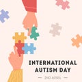 International Autism Awareness Day Card. Caucasian and african hand holding colourful puzzle pieces. Psychological Royalty Free Stock Photo