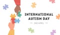 International Autism Awareness Day Card. Caucasian and african hand holding colourful puzzle pieces. Psychological Royalty Free Stock Photo