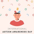 International Autism Awareness Day Card. Smiling person face with colourful puzzle pieces in head. Psychological concept Royalty Free Stock Photo