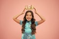 International beauty contest. Kid wear golden crown symbol of princess. Become princess. Lady little princess. Girl wear Royalty Free Stock Photo