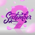International beauty day banner with flying rose petals. 9 september lettering. Beautiful vector illustration for