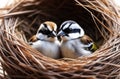 World Sparrow Day, two small sparrows in a nest on a tree branch, small chicks, sunny day