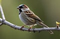 World Sparrow Day, little sparrow on a tree branch, sunny day, green background