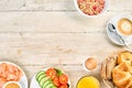 International breakfast border on wood table Royalty Free Stock Photo