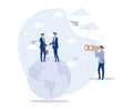 International Business Concept, Men Shaking Hands Standing on Globe, Looking at People with Telescope and Binoculars. flat vector Royalty Free Stock Photo