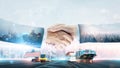 International business logistics transportation teamwork concept, double exposure of handshake partnership import export Royalty Free Stock Photo