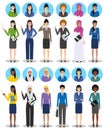 International business team and teamwork concept. Set of illustration of businesswomen standing in different positions. Diverse na