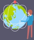 International business visual concept. Businessman stands at big planet layout. Social network