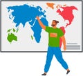 International business visual concept. Businessman stands at big world map. Social network