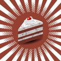 International Cake Day. Piece of cake, dessert, pastries, cherry. Pop art style background. White and brown