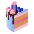 International Cake Day. Piece of cake decorated with blueberries, macaroons and flowers. template for print and postcard