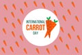 International Carrot Day vector greeting card, illustration with cute cartoon style carrots pattern background.