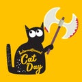 International cat day funky banner with black cat holding bloody knife isolated on orange background. World cat day Royalty Free Stock Photo