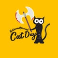 International cat day funky banner with black cat holding bloody knife isolated on orange background. World cat day Royalty Free Stock Photo