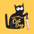 International cat day funky banner with black cat holding bloody knife isolated on orange background. World cat day Royalty Free Stock Photo