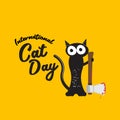 International cat day funky banner with black cat holding bloody knife isolated on orange background. World cat day Royalty Free Stock Photo