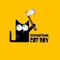 International cat day funky banner with black cat holding bloody knife isolated on orange background. World cat day Royalty Free Stock Photo