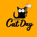 International cat day funky banner with black cat holding bloody knife isolated on orange background. World cat day Royalty Free Stock Photo