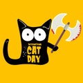 International cat day funky banner with black cat holding bloody knife isolated on orange background. World cat day Royalty Free Stock Photo