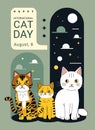 International Cat Day poster with three cute cats on a night sky background, Cat Day invitation, celebration