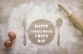 International Chef day greeting card. Prints of dish, fork and s
