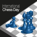 International Chess Day banner. Chess Pieces on the board vector illustration. Royalty Free Stock Photo