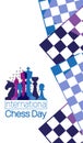 International Chess Day banner. Vector illustration of Chess Pieces King, Queen and Bishop near Chess board. Royalty Free Stock Photo