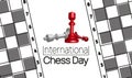International Chess Day banner. Vector illustration of Chess Pieces King, Queen and Bishop near Chess board. Royalty Free Stock Photo