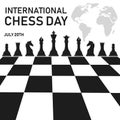 International chess day. Black silhouette chess pieces set isolated on white background. Chess icons on chessboard. King, queen, Royalty Free Stock Photo