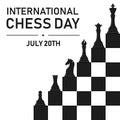 International chess day. Black silhouette chess pieces set isolated on white background. Chess icons on chessboard. King, queen, Royalty Free Stock Photo
