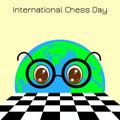 International Chess Day. 20 July. Planet Earth is a boy with glasses looks at a chessboard