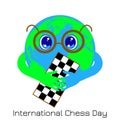 International Chess Day. 20 July. Planet Earth is a boy with glasses holding a chessboard Royalty Free Stock Photo