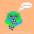 International Chess Day. 20 July. Planet Earth is a boy with glasses holding a chessboard. Thinks about chess moves Royalty Free Stock Photo