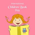 International Children Book Day concept. Laughing girl is reading a book. Vector illustration. Usable for design, invitation, bann