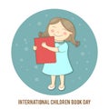 International Children Book Day. Vector illustration of a girl holding a book.