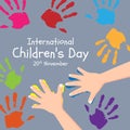 International Children day banner with children`s hand are create colorful handprint vector design