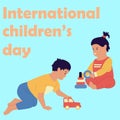 International children Day. Toddlers play with toys. Square greeting card. Babies games. Little boy and girl. Happy