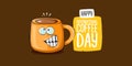 International coffee day horzontal banner with cute orange coffee cup character and greeting text isolated on orange