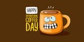 International coffee day horzontal banner with cute orange coffee cup character and greeting text isolated on orange