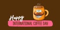 International coffee day horzontal banner with cute orange coffee cup character and greeting text isolated on orange