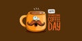 International coffee day horzontal banner with cute orange coffee cup character and greeting text isolated on orange