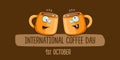 International coffee day horzontal banner with cute orange coffee cup character and greeting text isolated on orange