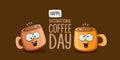 International coffee day horzontal banner with cute orange coffee cup character and greeting text isolated on orange