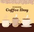 International coffee day with three mugs cup and beans vector design