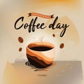 International Coffee Day vector illustration. A cup of coffee with a steaming latte, coffee beans, and world map background Royalty Free Stock Photo